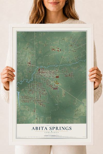 Map of Abita Springs, Louisiana, 18 x 24 inch print in a white wood frame