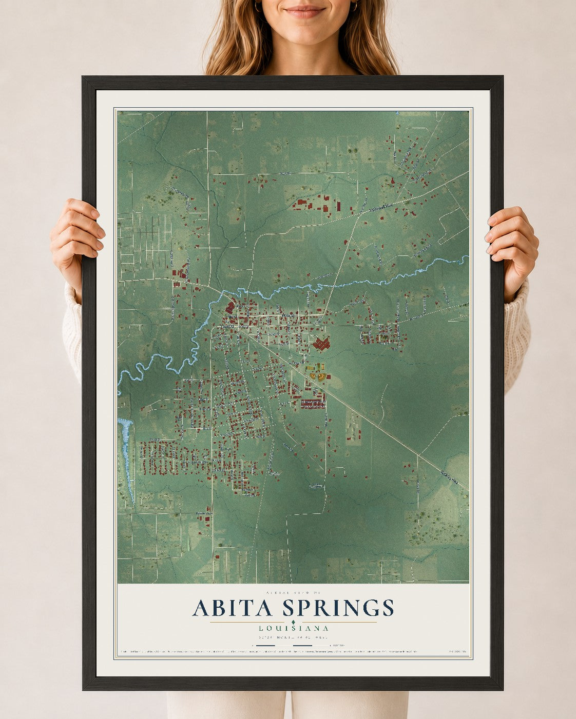 Map of Abita Springs, Louisiana, 24 x 36 inch print in a black wood frame