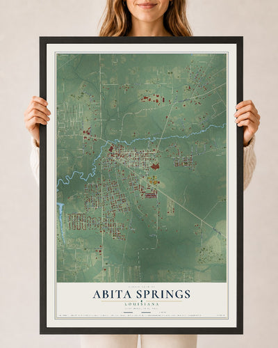 Map of Abita Springs, Louisiana, 24 x 36 inch print in a black wood frame