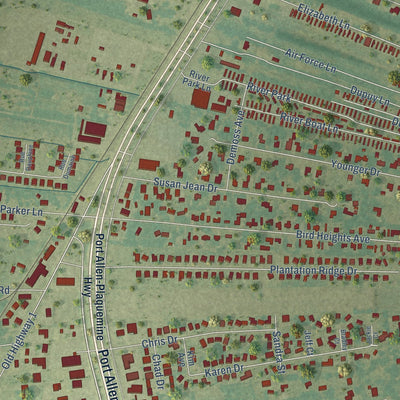 Close-up of the map of Addis, Louisiana print showing street and building detail