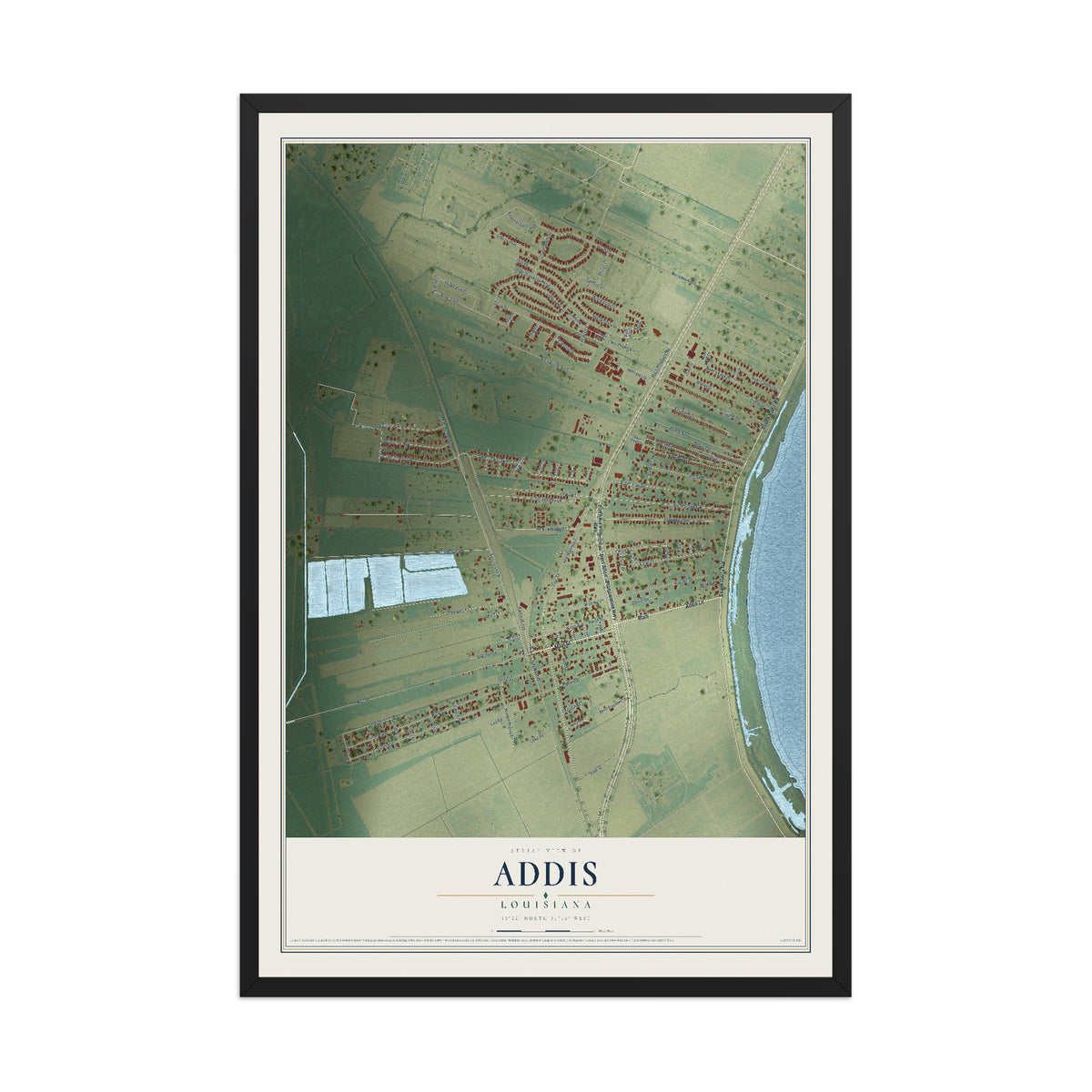 Map of Addis, Louisiana, 12 x 18 inch print in a black wood frame