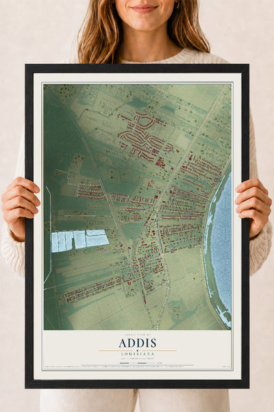 Map of Addis, Louisiana, 18 x 24 inch print in a black wood frame
