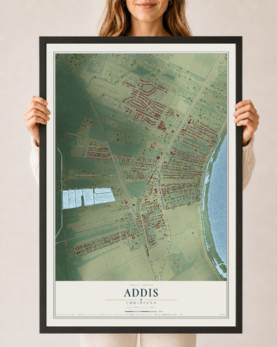 Map of Addis, Louisiana, 24 x 36 inch print in a black wood frame