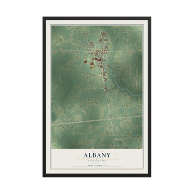 Map of Albany, Louisiana, 12 x 18 inch print in a black wood frame