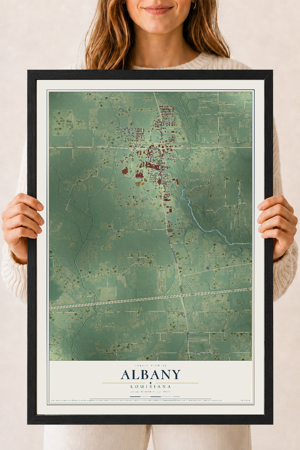 Map of Albany, Louisiana, 18 x 24 inch print in a black wood frame