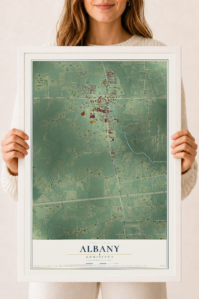 Map of Albany, Louisiana, 18 x 24 inch print in a white wood frame