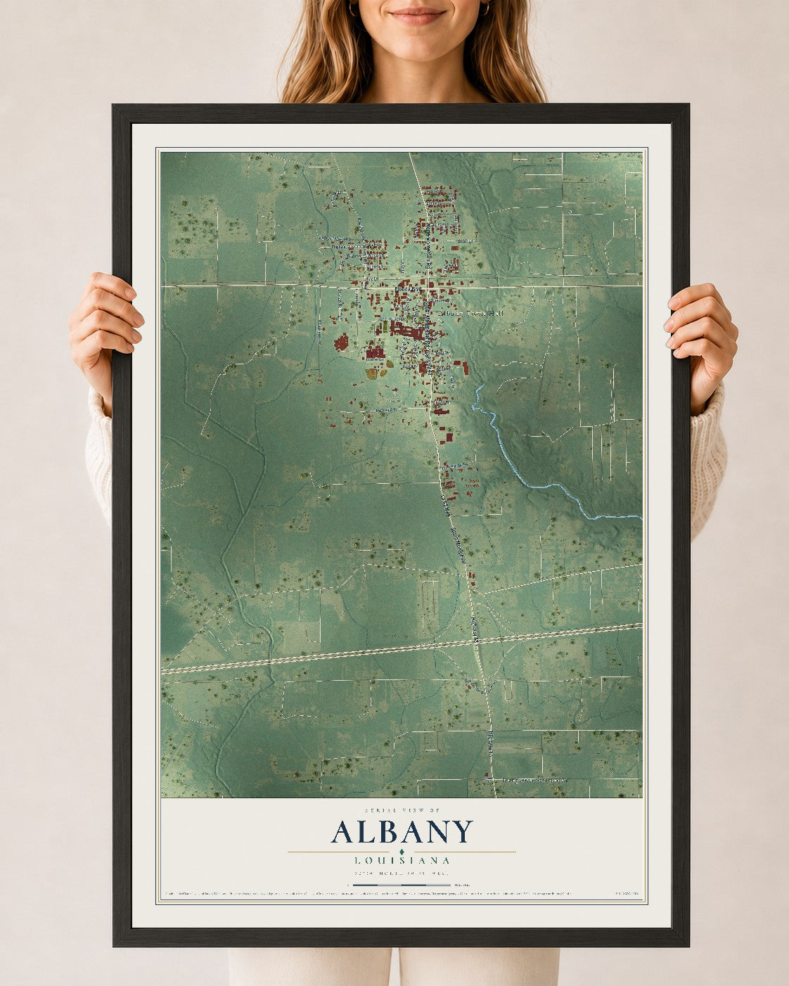 Map of Albany, Louisiana, 24 x 36 inch print in a black wood frame