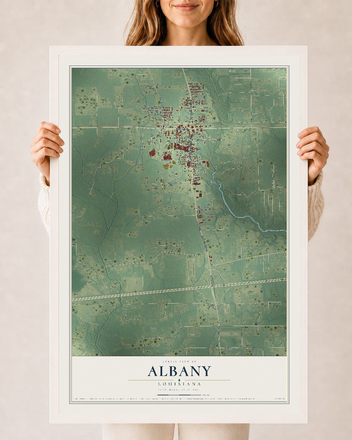 Map of Albany, Louisiana, 24 x 36 inch print in a white wood frame
