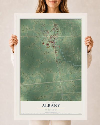 Map of Albany, Louisiana, 24 x 36 inch print in a white wood frame