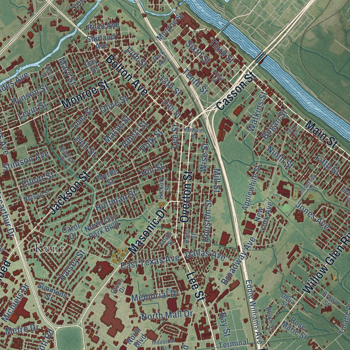 Close-up of the map of Alexandria, Louisiana print showing street and building detail