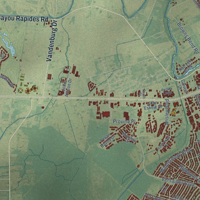 Second close-up of the map of Alexandria, Louisiana print showing more streets and buildings
