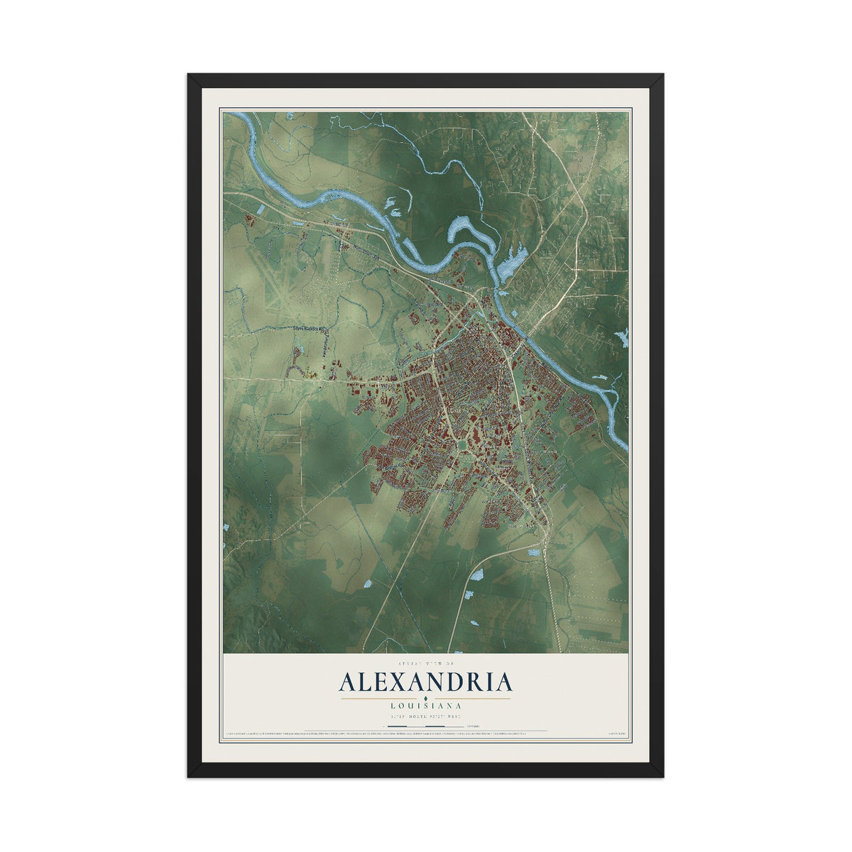 Map of Alexandria, Louisiana, 12 x 18 inch print in a black wood frame