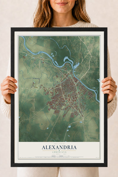 Map of Alexandria, Louisiana, 18 x 24 inch print in a black wood frame