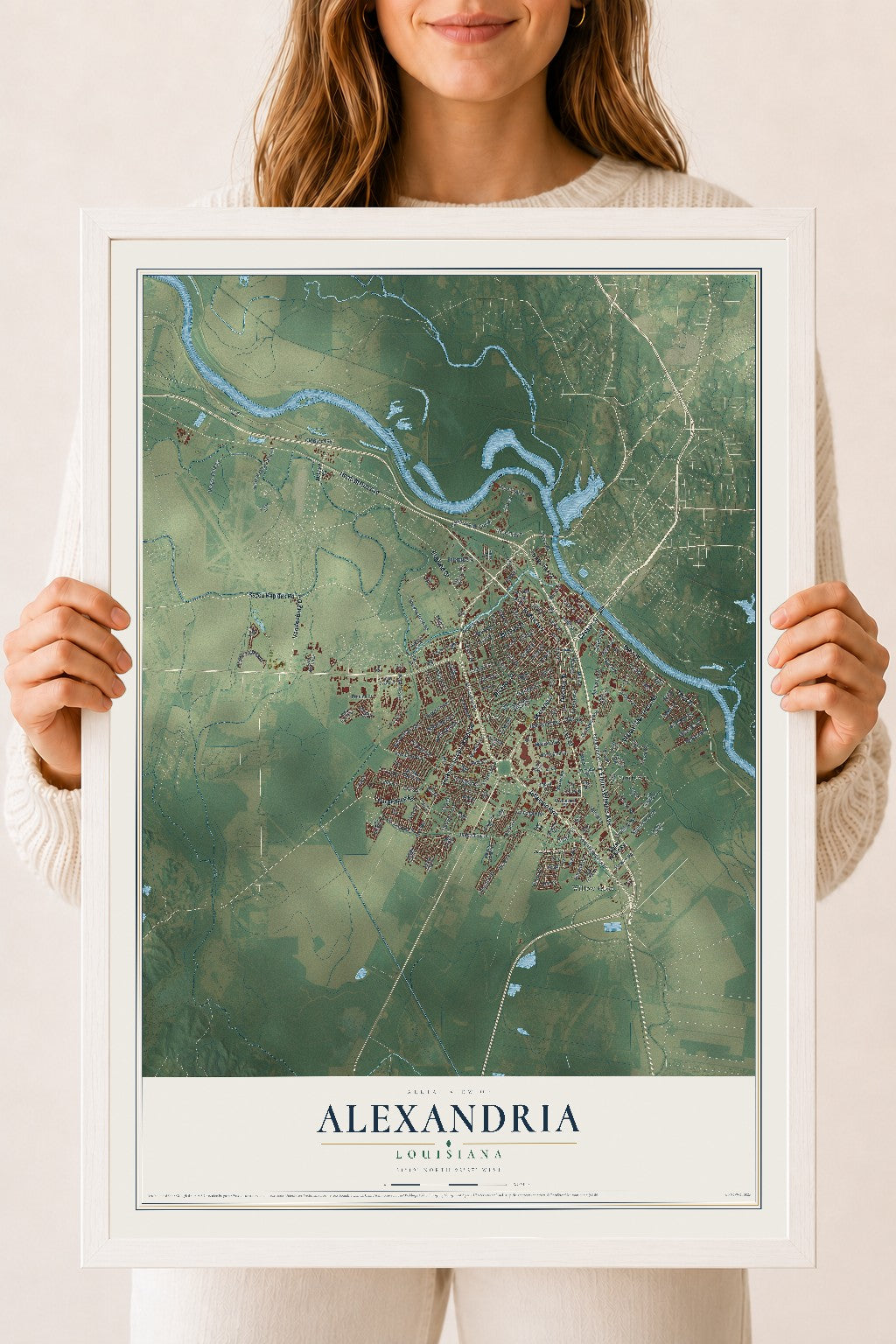 Map of Alexandria, Louisiana, 18 x 24 inch print in a white wood frame