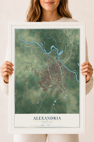 Map of Alexandria, Louisiana, 18 x 24 inch print in a white wood frame