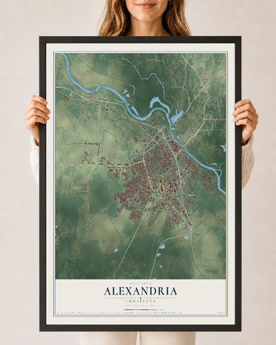 Map of Alexandria, Louisiana, 24 x 36 inch print in a black wood frame