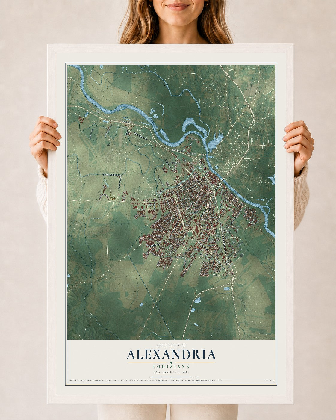 Map of Alexandria, Louisiana, 24 x 36 inch print in a white wood frame