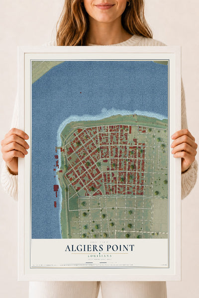 Map of Algiers Point, Louisiana, 18 x 24 inch print in a white wood frame