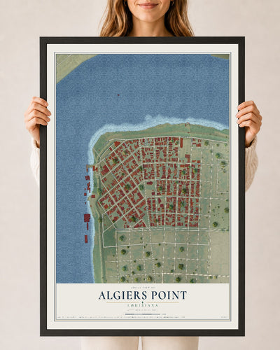 Map of Algiers Point, Louisiana, 24 x 36 inch print in a black wood frame