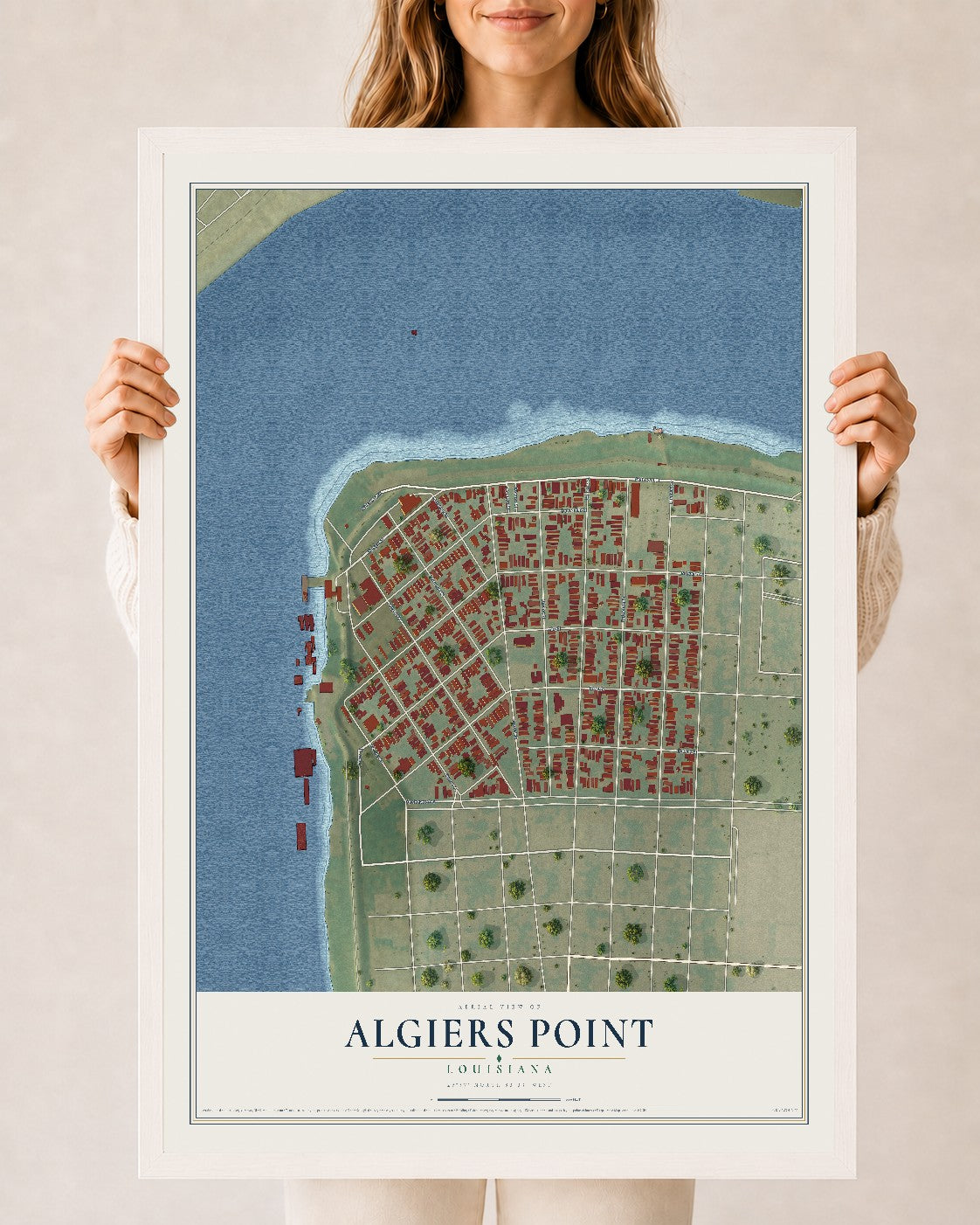 Map of Algiers Point, Louisiana, 24 x 36 inch print in a white wood frame