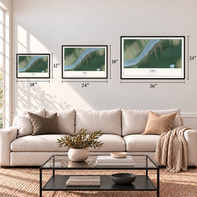 Ama, Louisiana map in 12 x 18, 18 x 24 and 24 x 36 inch sizes above a sofa