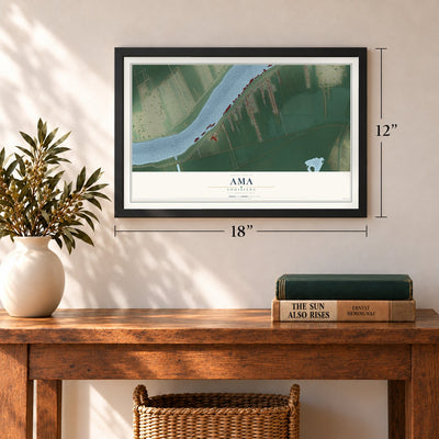Ama, Louisiana map, 12 x 18 inch print in a black frame in an entryway