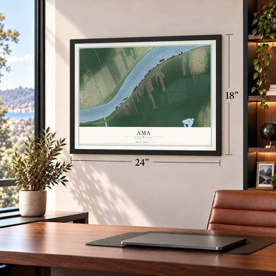 Ama, Louisiana map, 18 x 24 inch print in a black frame in a home office