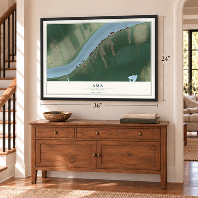 Ama, Louisiana map, 24 x 36 inch print in a black frame above a dresser by a staircase