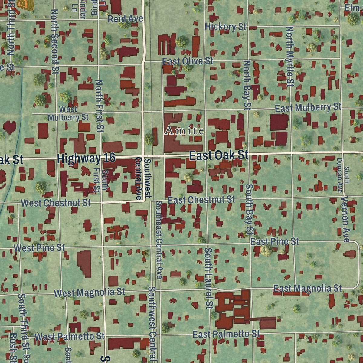 Close-up of the map of Amite City, Louisiana print showing street and building detail