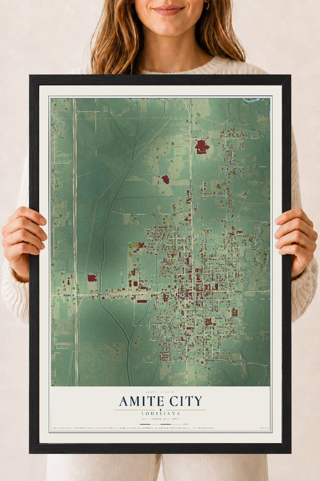Map of Amite City, Louisiana, 18 x 24 inch print in a black wood frame