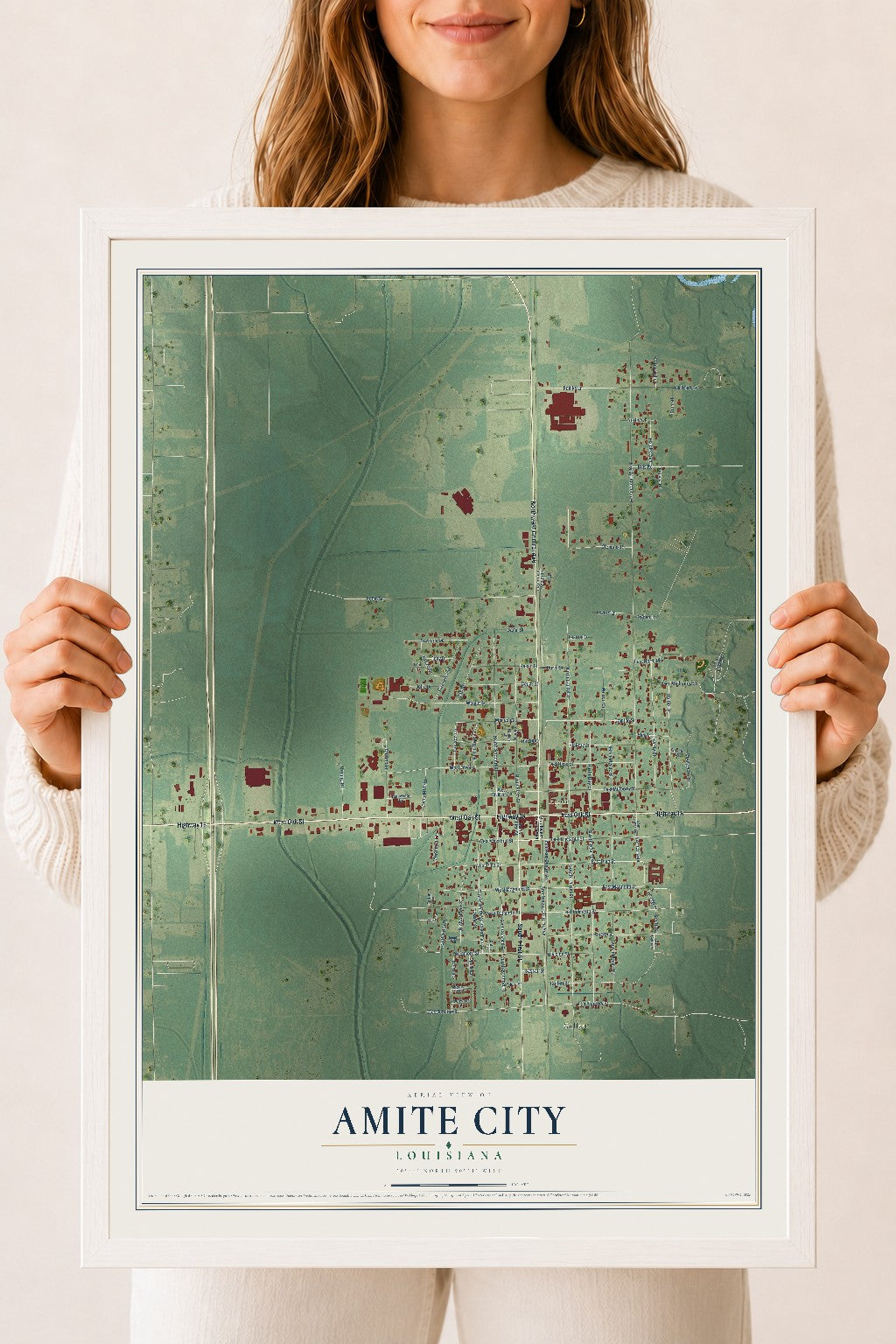 Map of Amite City, Louisiana, 18 x 24 inch print in a white wood frame