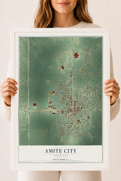 Map of Amite City, Louisiana, 18 x 24 inch print in a white wood frame