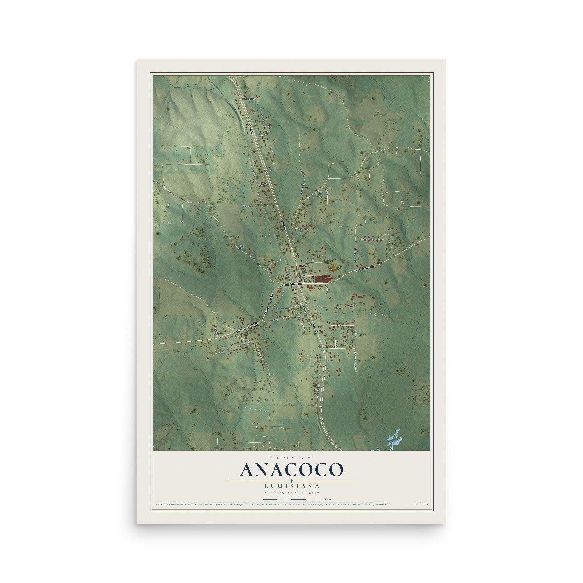 Map of Anacoco, Louisiana, 12 x 18 inch unframed archival matte print