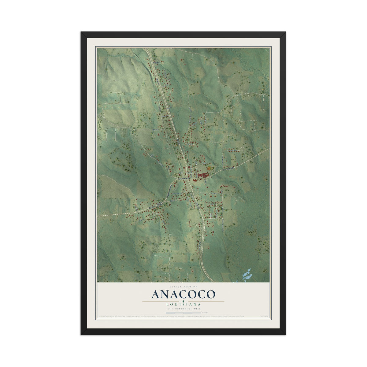 Map of Anacoco, Louisiana, 12 x 18 inch print in a black wood frame