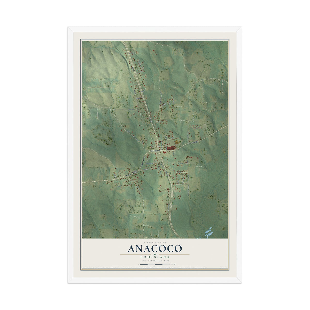 Map of Anacoco, Louisiana, 12 x 18 inch print in a white wood frame