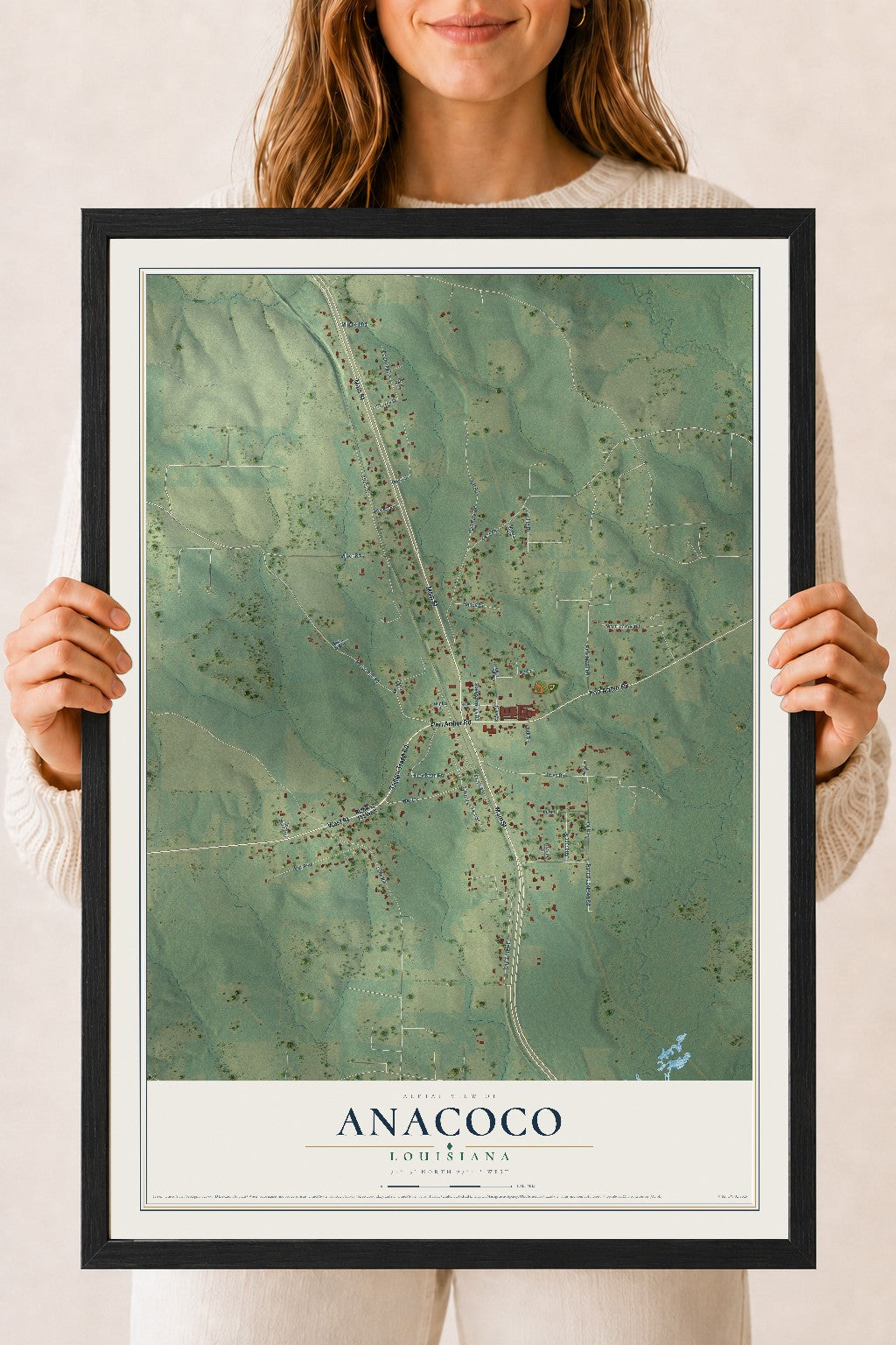 Map of Anacoco, Louisiana, 18 x 24 inch print in a black wood frame