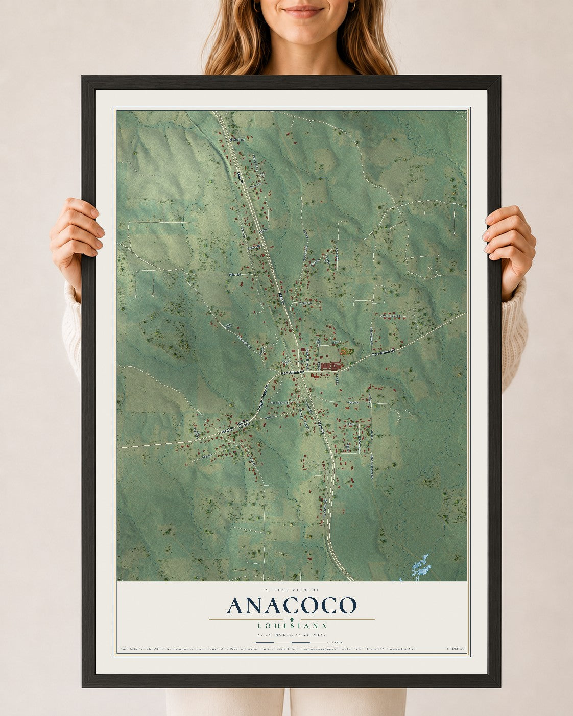 Map of Anacoco, Louisiana, 24 x 36 inch print in a black wood frame