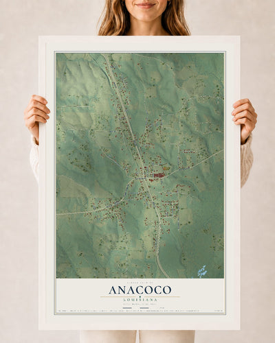 Map of Anacoco, Louisiana, 24 x 36 inch print in a white wood frame