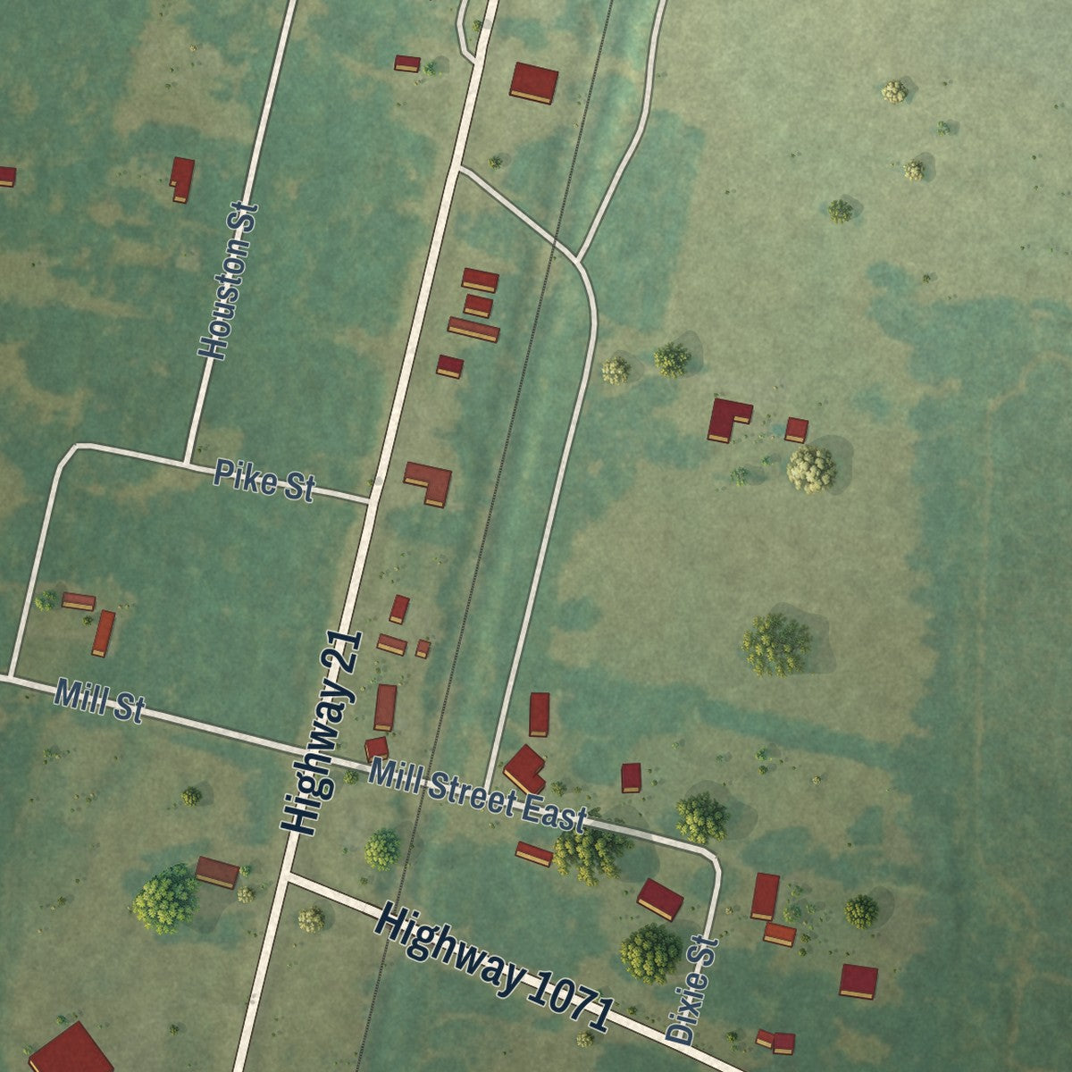 Second close-up of the map of Angie, Louisiana print showing more streets and buildings