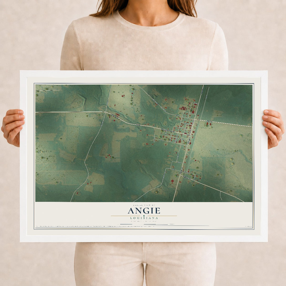 Map of Angie, Louisiana, 12 x 18 inch print in a white wood frame