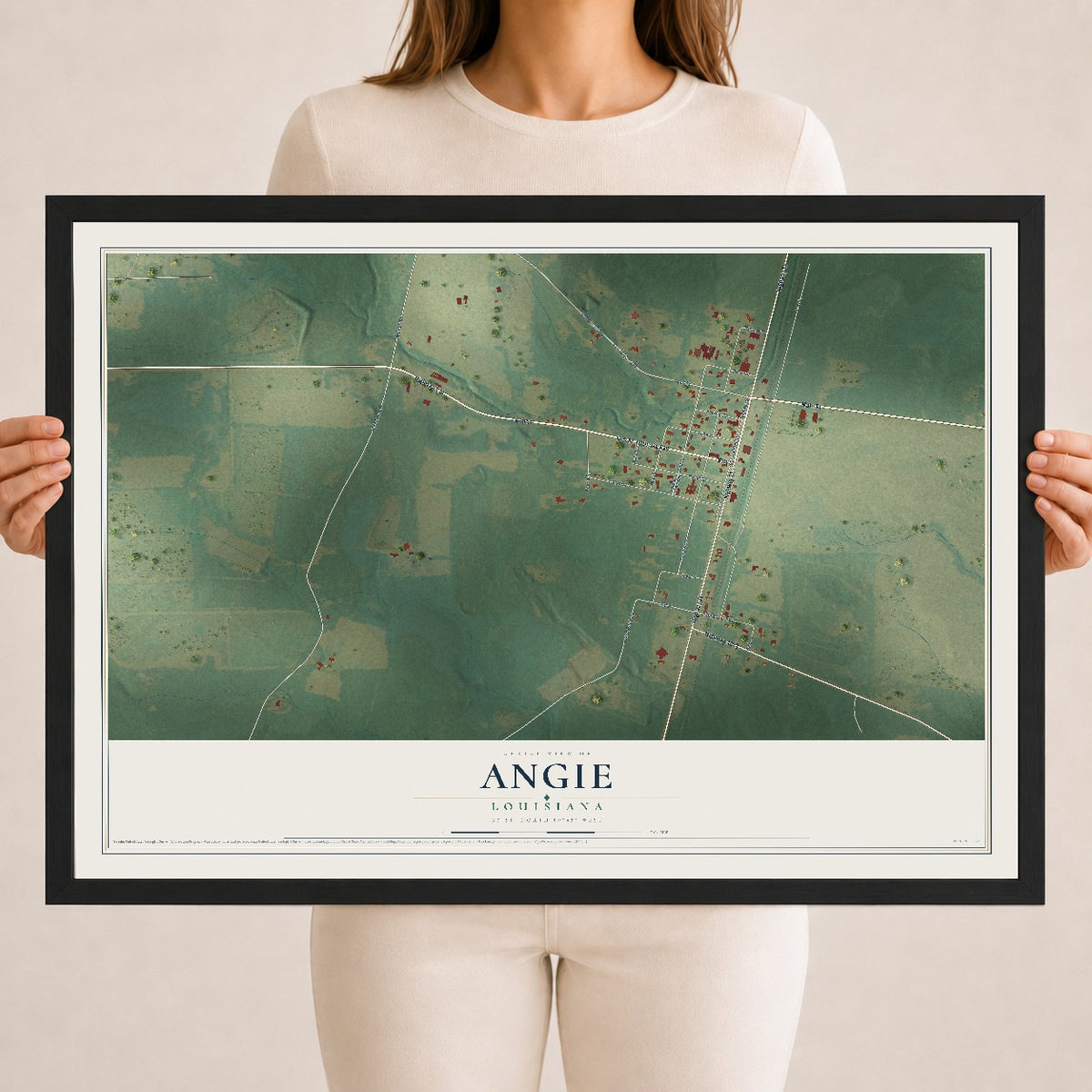 Map of Angie, Louisiana, 18 x 24 inch print in a black wood frame