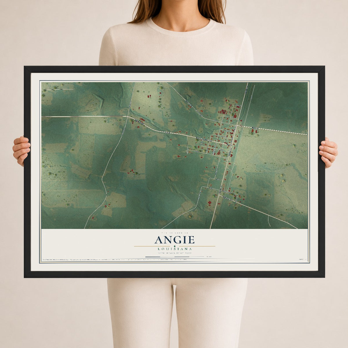 Map of Angie, Louisiana, 24 x 36 inch print in a black wood frame