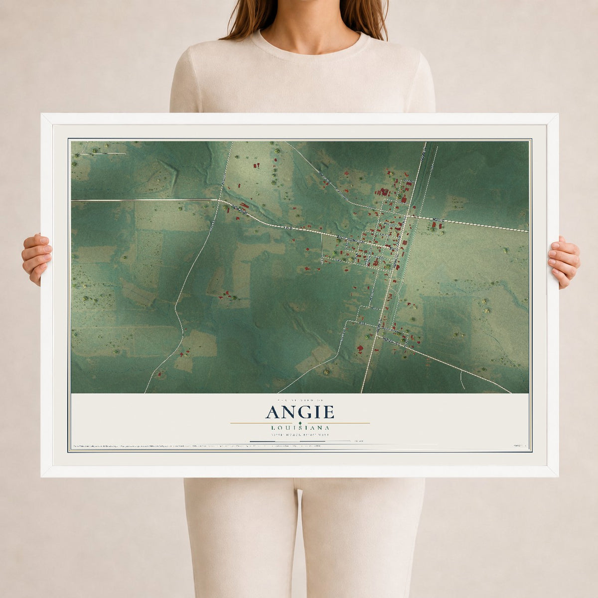 Map of Angie, Louisiana, 24 x 36 inch print in a white wood frame