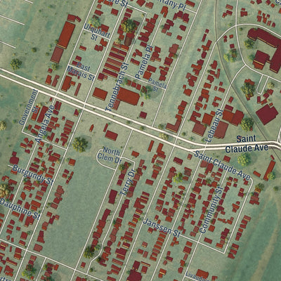 Close-up of the map of Arabi, Louisiana print showing street and building detail