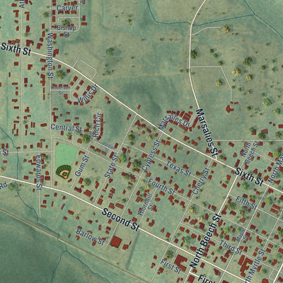 Close-up of the map of Arcadia, Louisiana print showing street and building detail