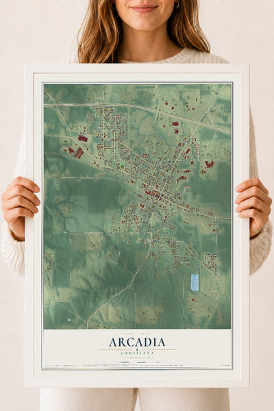 Map of Arcadia, Louisiana, 18 x 24 inch print in a white wood frame
