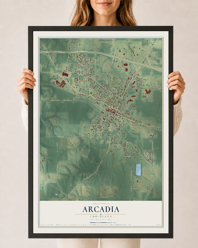 Map of Arcadia, Louisiana, 24 x 36 inch print in a black wood frame