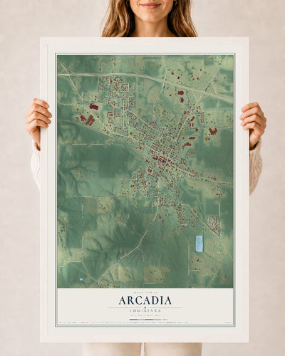 Map of Arcadia, Louisiana, 24 x 36 inch print in a white wood frame