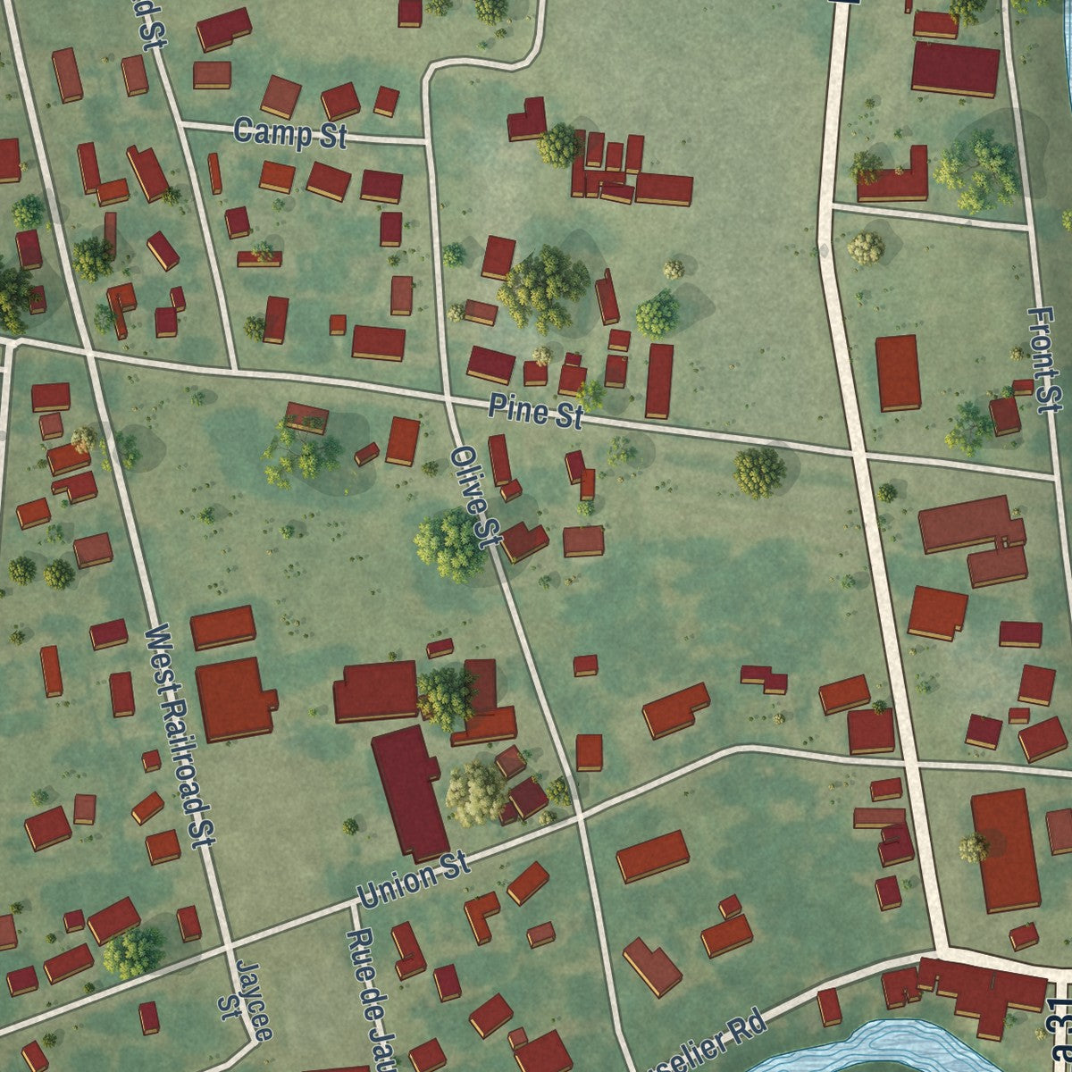 Close-up of the map of Arnaudville, Louisiana print showing street and building detail