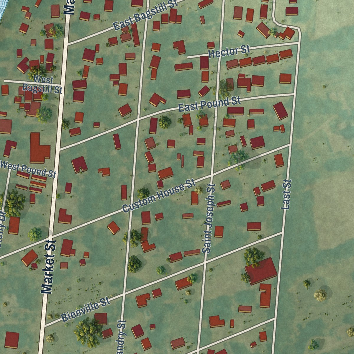 Second close-up of the map of Arnaudville, Louisiana print showing more streets and buildings